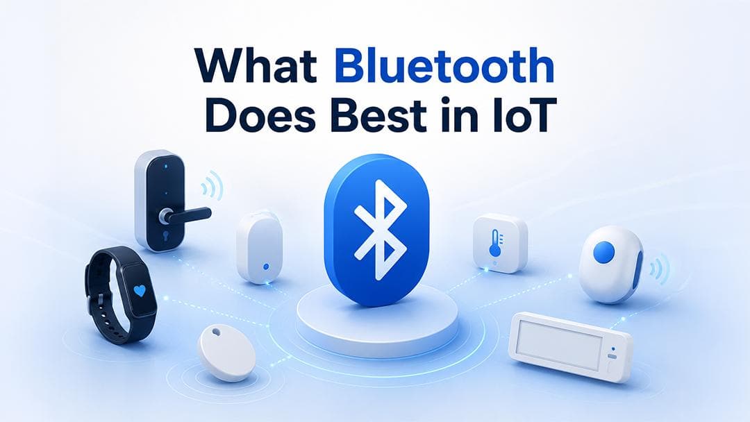 What Bluetooth does best in IoT; BLE smart lock, fitness band, sensors and asset tag around a Bluetooth logo