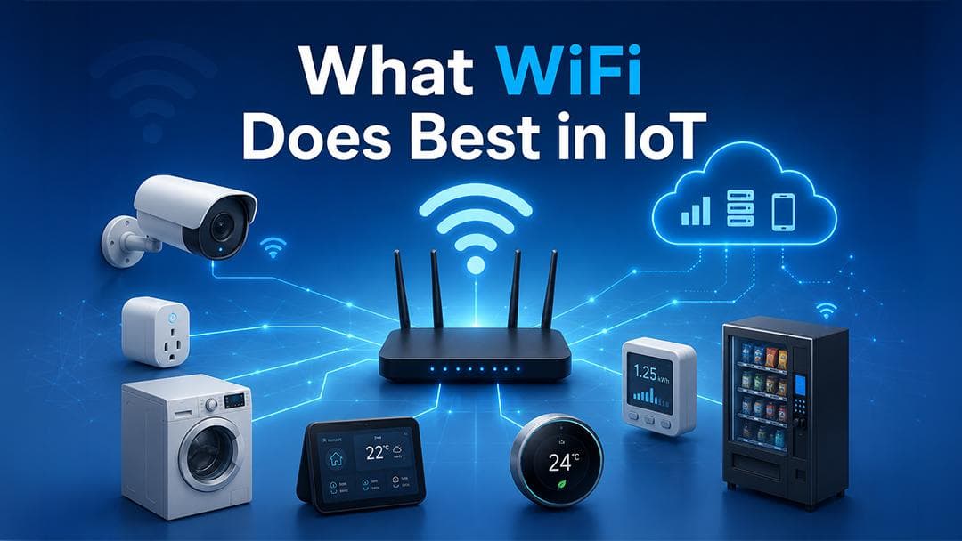 What WiFi does best in IoT router linking a security camera, smart thermostat, washing machine and vending machine to the cloud