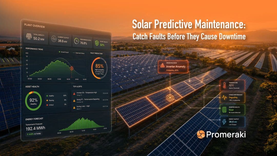 Solar predictive maintenance dashboard showing real-time inverter anomaly alerts, asset health scores, and performance trends across a utility-scale solar farm.