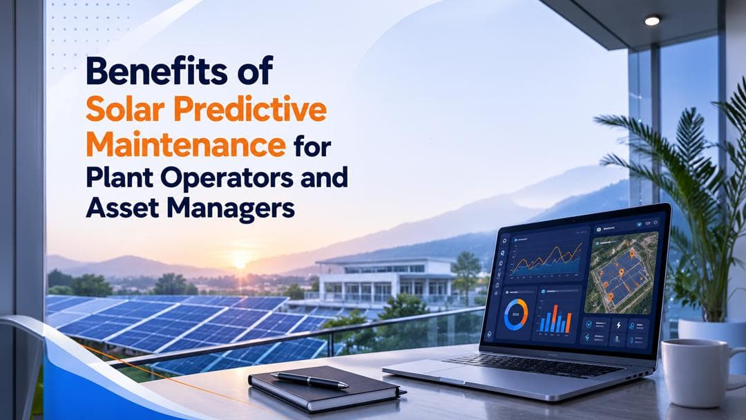 Benefits of solar predictive maintenance for plant operators and asset managers shown on a monitoring dashboard with solar farm performance analytics.