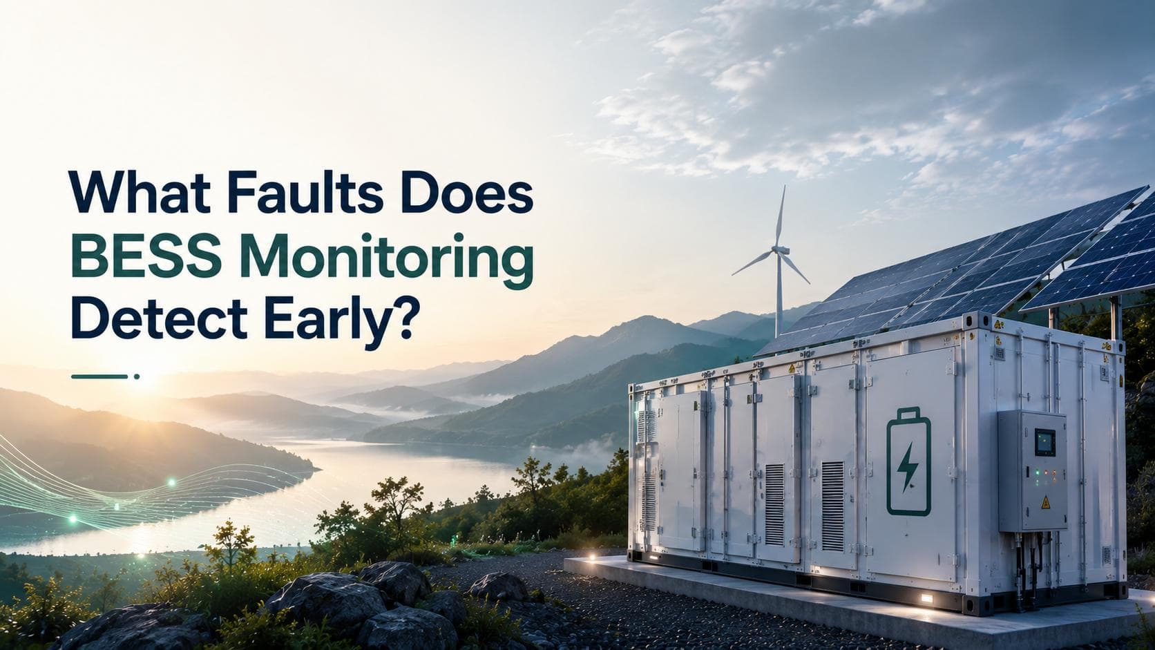 What faults does BESS monitoring detect early battery storage unit with solar panels and wind turbines at a hillside renewable energy site.