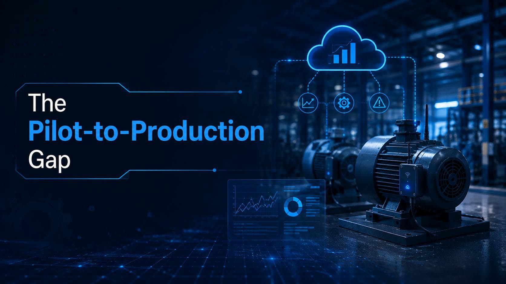 Industrial motor with connected sensors illustrating the pilot-to-production gap in IoT predictive maintenance