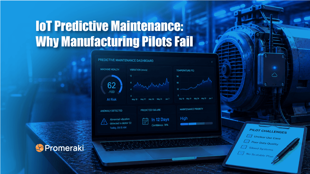 IoT predictive maintenance dashboard showing machine health, vibration and temperature data beside factory equipment