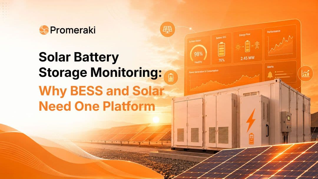 Solar battery storage monitoring dashboard showing BESS health at 98%, battery SOC, energy flow, and performance analytics alongside a utility-scale solar and storage plant.