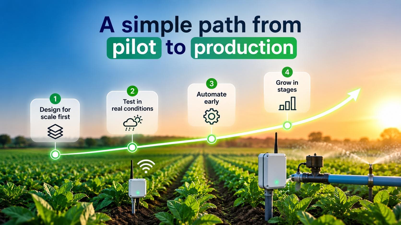 Four steps from pilot to production: design, test, automate, grow.