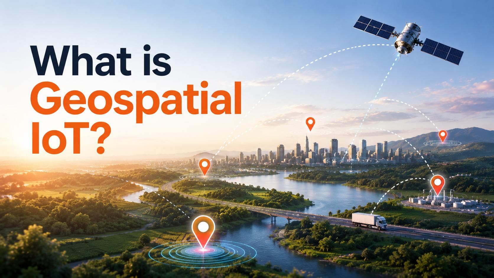Geospatial IoT linking location pins across a city, farm, highway, and satellite