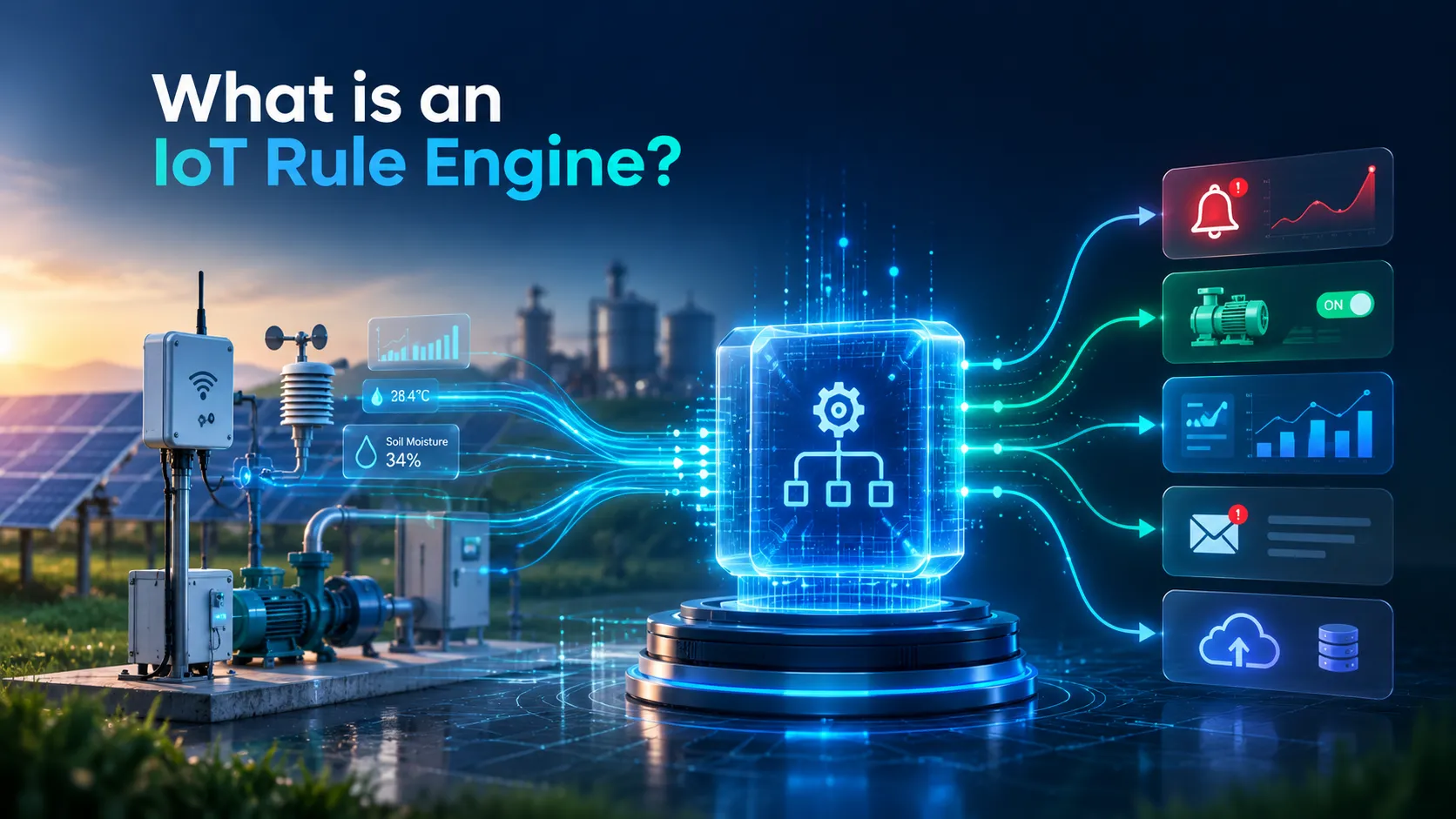 IoT rule engine connecting field devices, sensors, alerts, dashboards, and cloud systems.