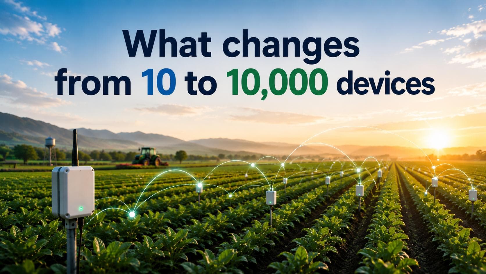 Connected sensors across a farm field showing what changes when scaling IoT from 10 to 10,000 devices.