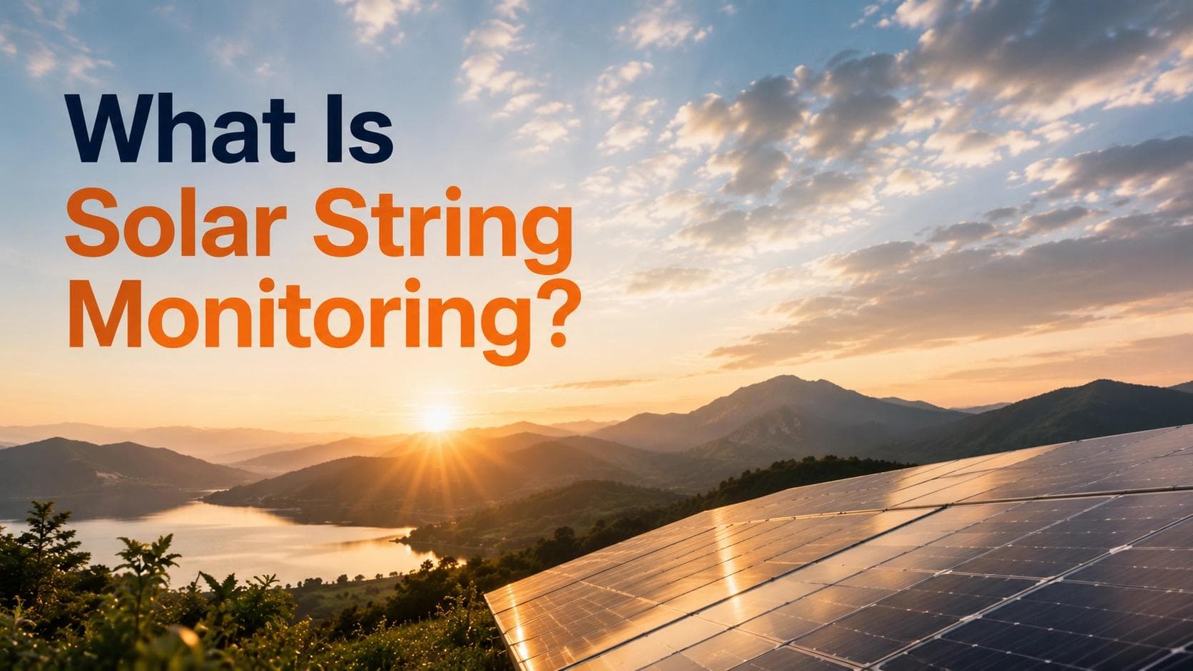 What is solar string monitoring; solar panels on a hillside at sunset with mountain and lake view.