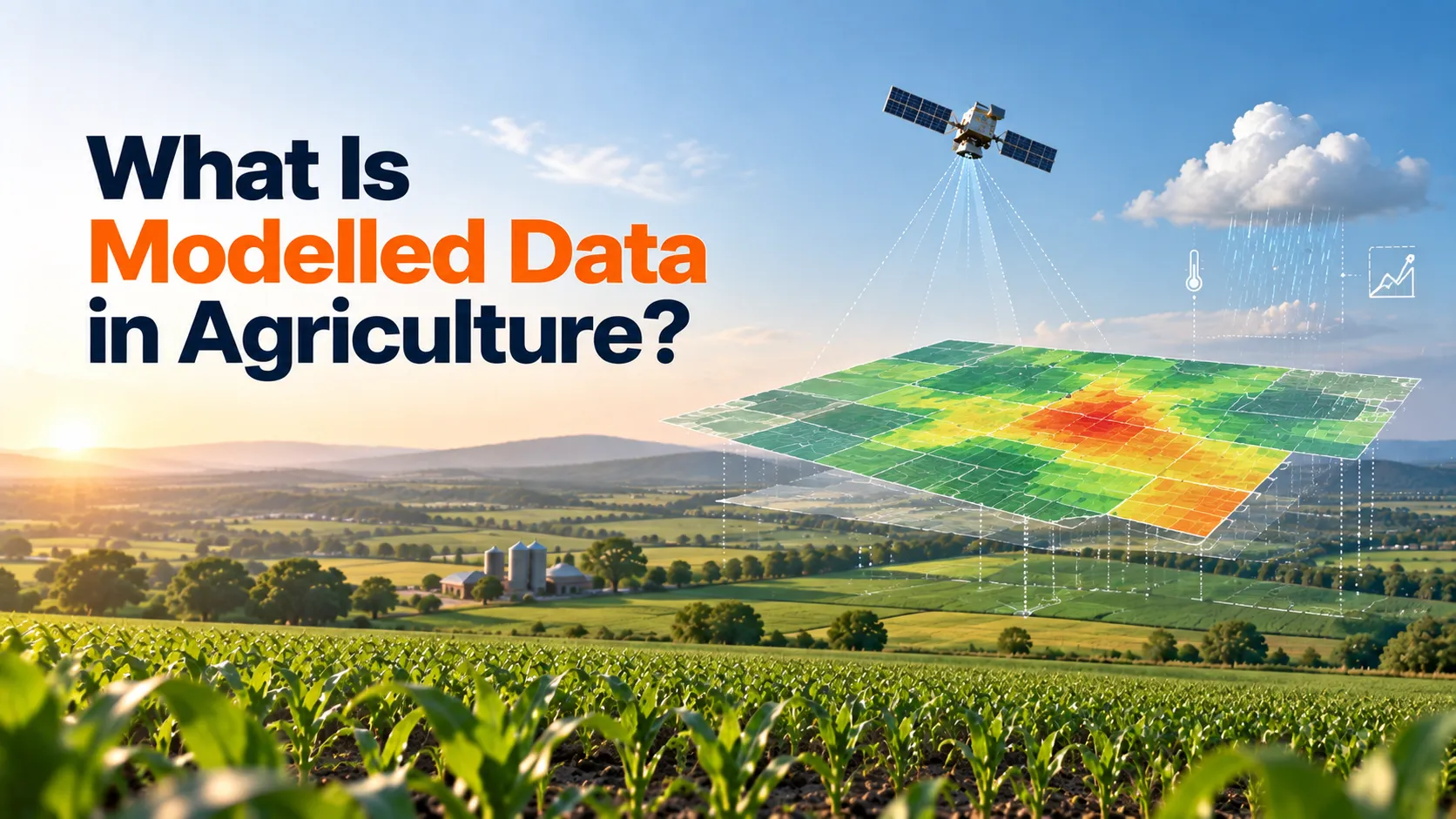 Modelled agricultural data visualized through satellite imagery and a farm field heatmap.