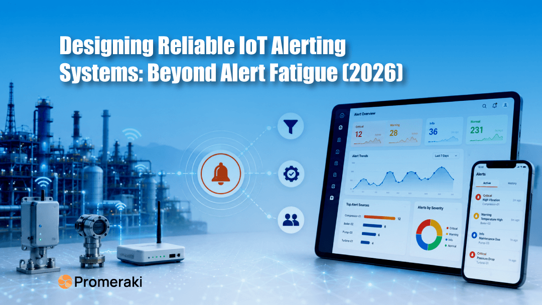 Industrial IoT sensors linked to an alert dashboard showing severity and trends