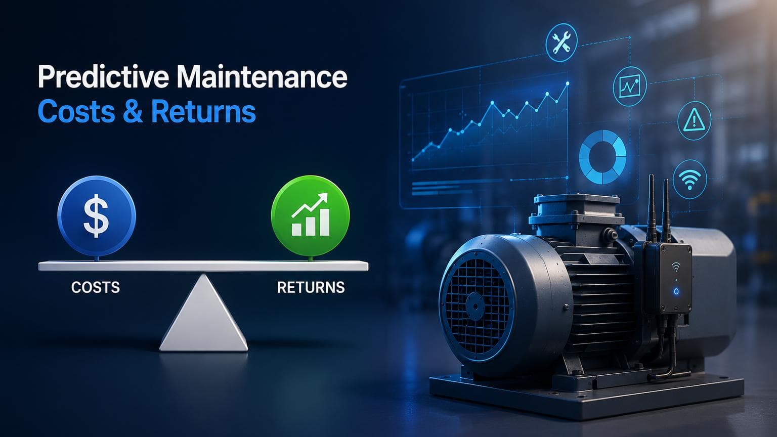 Scale balancing predictive maintenance costs against returns beside a sensor-equipped industrial motor