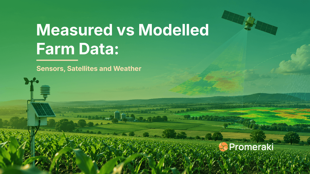 Measured vs modelled farm data using field sensors, satellites, and weather information.