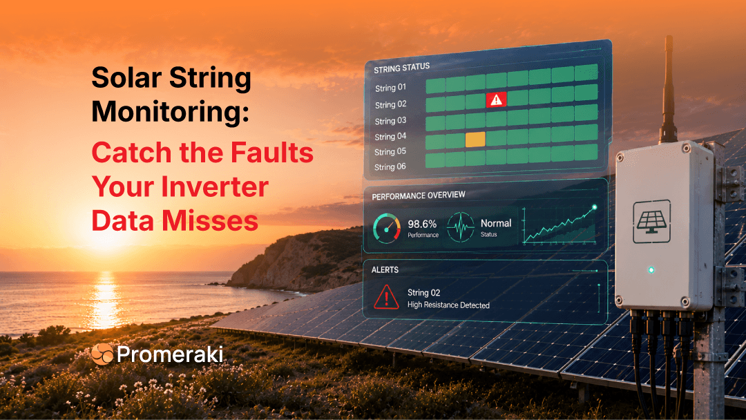 Solar string monitoring dashboard showing per-string status alerts, fault detection, and performance overview at a coastal solar plant.