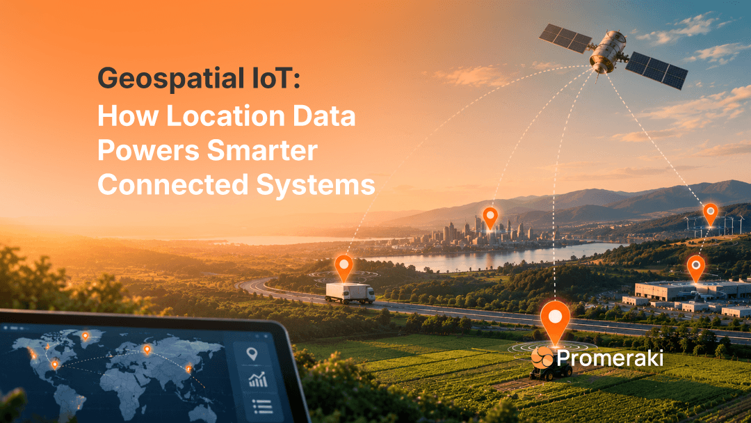 Geospatial IoT dashboard mapping connected assets across a city, farmland, and highways, linked to a satellite