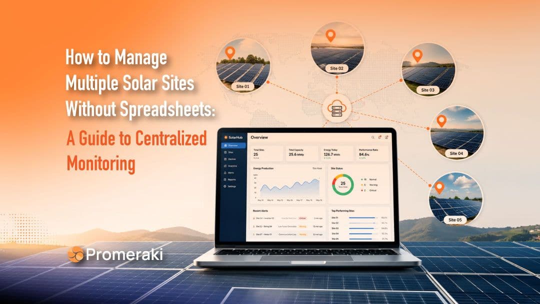 Solar monitoring dashboard on a laptop linked to multiple solar site locations on a map, branded by Promeraki