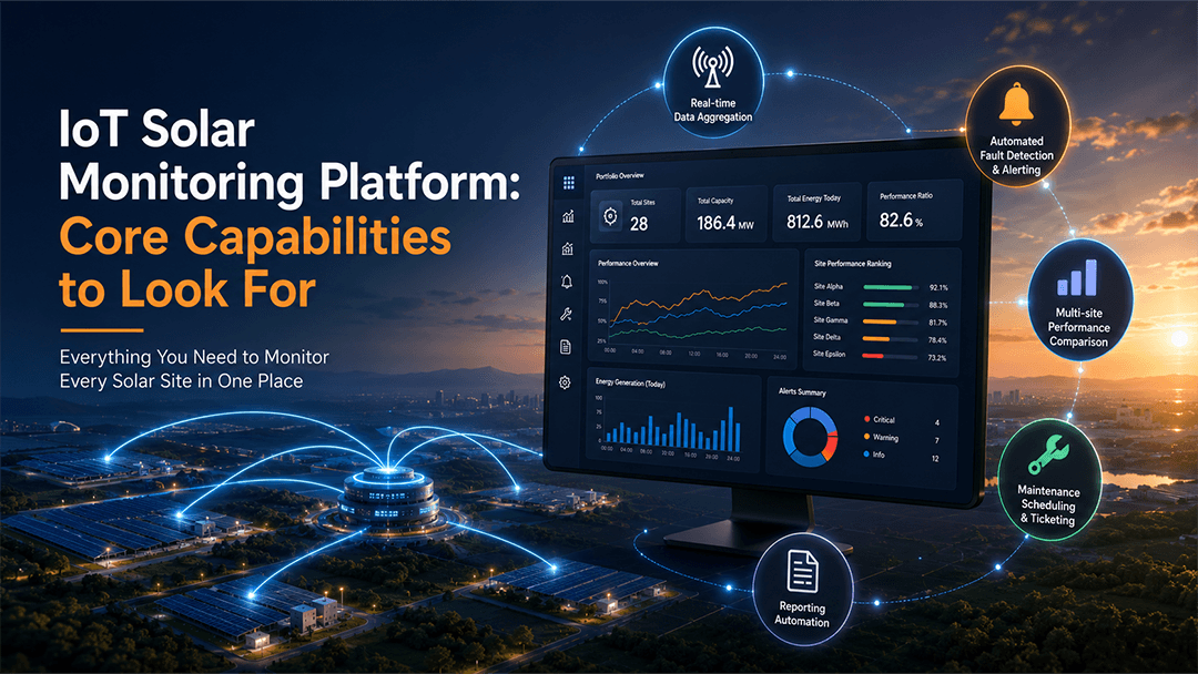 Solar monitoring dashboard illustrating real-time alerts, fault detection, and performance comparison across multiple sites