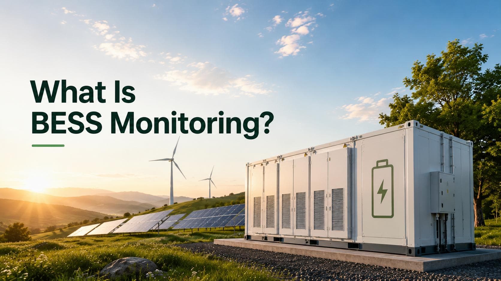 What is BESS monitoring battery energy storage system unit with solar panels and wind turbines at a renewable energy site.