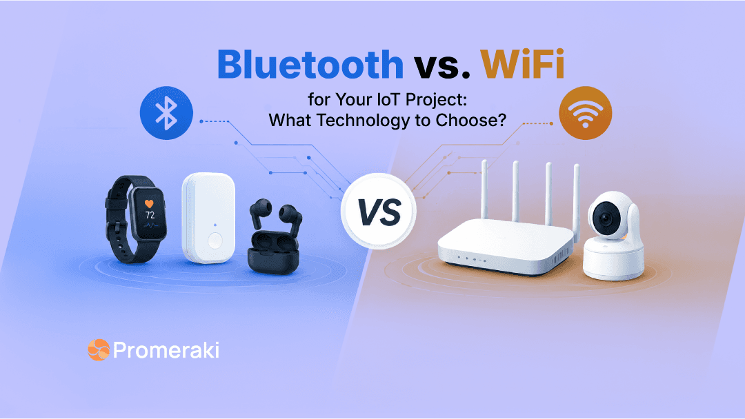 Bluetooth vs WiFi for IoT devices: BLE smartwatch, sensor and earbuds beside a WiFi router and security camera
