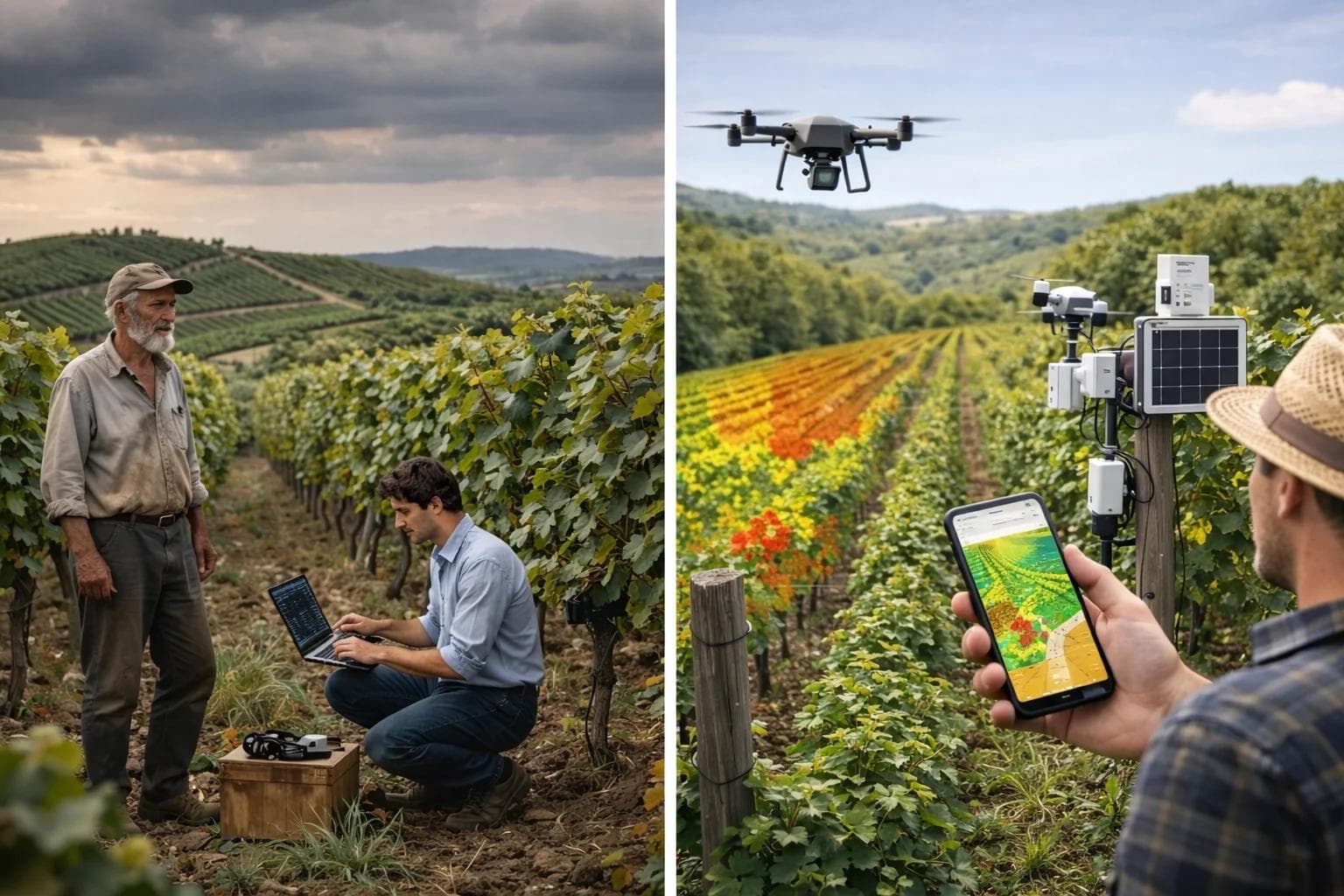 Vineyard manager comparing traditional and precision viticulture methods using digital tools